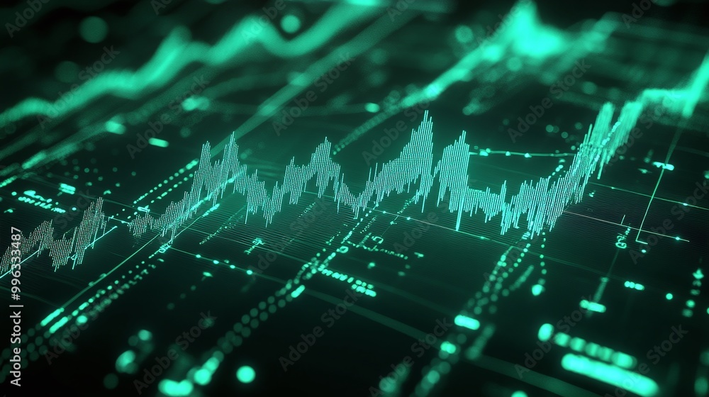 Poster abstract digital data visualization with green lines and charts on a dark background.