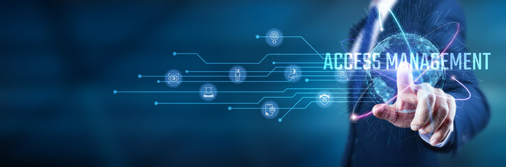 Access management. Businessman touches access management structure, global network infrastructure, enhancing security protocols, ensuring seamless accessibility.