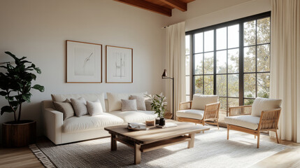 A cozy living room featuring comfortable sofa, stylish armchairs, and wooden coffee table. Natural light floods space through large windows, enhancing serene atmosphere