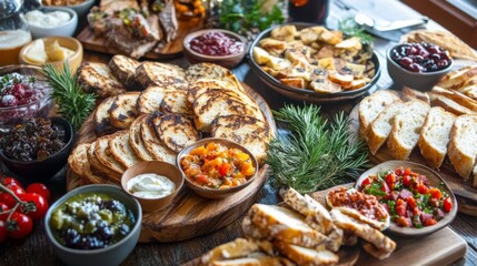 Obraz premium A festive brunch table adorned with an array of toasted bread varieties, spreads, and garnishes, showcasing the versatility of this beloved snack.