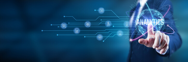 Analytics. Businessman touch data-driven insights, market trends, customer behavior, strategic decisions, financial forecasts, operational efficiency, business growth, competitive analysis.