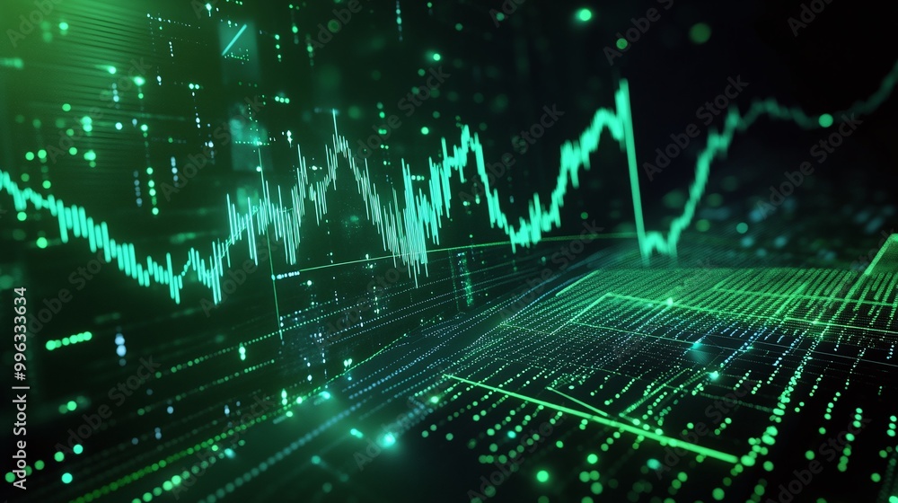 Poster abstract digital data visualization with green lines and graphs on a black background.