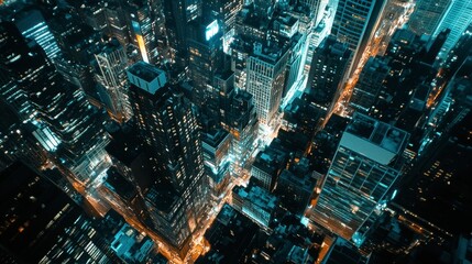 An aerial shot of a dense urban cityscape at night, with glowing skyscrapers and busy streets below.