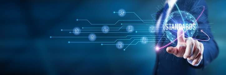 Businessman touch business standards and financial standards, operational standards, marketing standards, customer service standards, ethical standards and quality standards to ensure success.