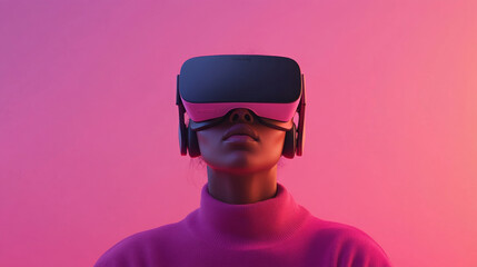 Immersed in vibrant world, woman experiences virtual reality with headset, showcasing fusion of technology and emotion. colorful background enhances futuristic vibe