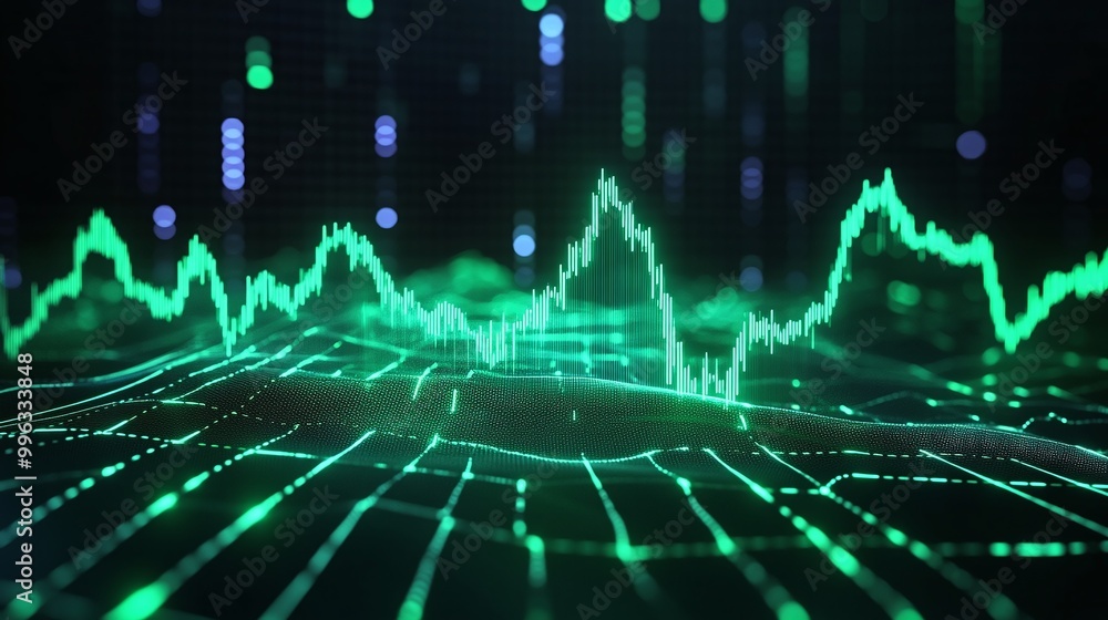 Poster abstract digital data visualization with green lines and peaks showcasing statistical trends in a fu