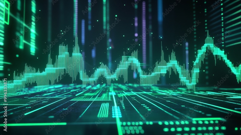 Poster abstract digital data visualization with green lines and patterns on a dark background.