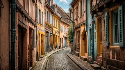 Fototapeta premium Flowery streets on a rainy spring day in a small magical village