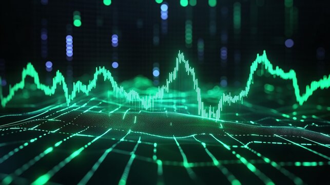 Abstract digital data visualization with green lines and peaks showcasing statistical trends in a futuristic setting.
