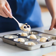 Women Chef in Blue Apron Spoonings Blueberry Muffin Batter into Paper-Lined Muffin Tins, Close-Up of Batter Texture