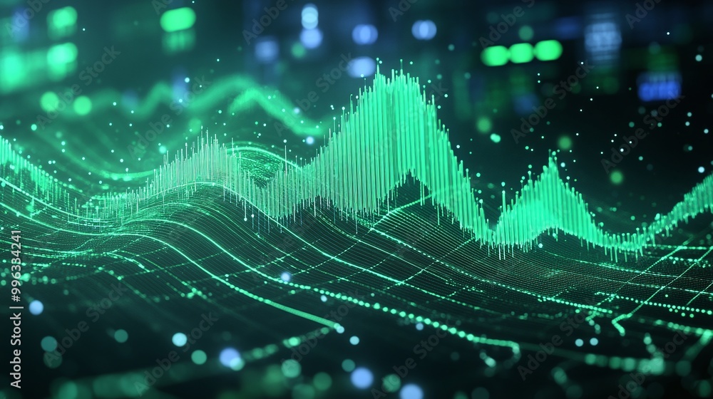 Poster abstract digital data visualization with green wave patterns representing analytics and statistics.