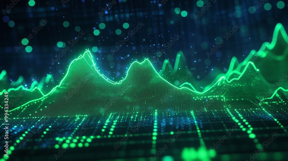 Poster abstract digital data visualization with green wave patterns on a dark background.