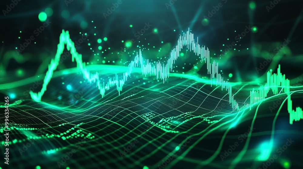 Poster abstract digital data visualization with green waveforms and glowing points on a dark background.
