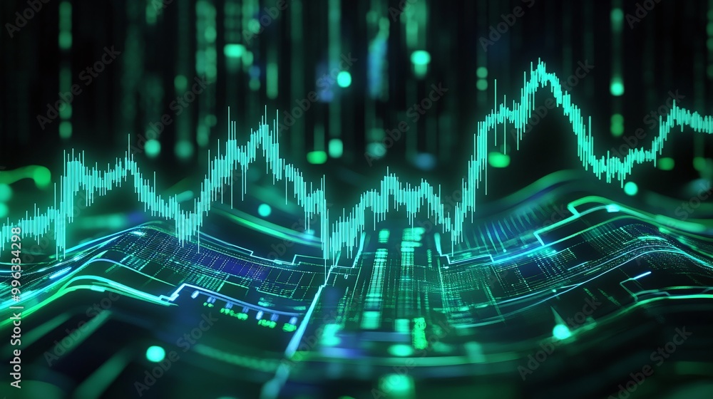 Poster abstract digital data visualization with green waveforms and lines on a dark background, representin