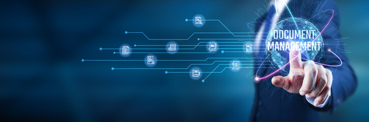 Businessman touch on various aspects of document management, including organization, security measures, data retrieval, digital storage solutions, workflow automation, regulatory compliance.