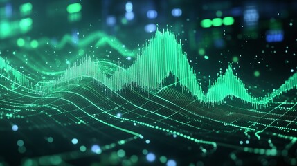 Abstract digital data visualization with green wave patterns representing analytics and statistics.
