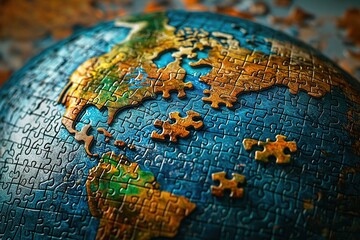 Obraz premium Earth made of jigsaw puzzle. Generative Ai