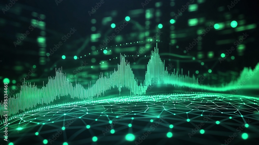 Poster abstract digital data visualization with green waveforms and network connections, representing techn