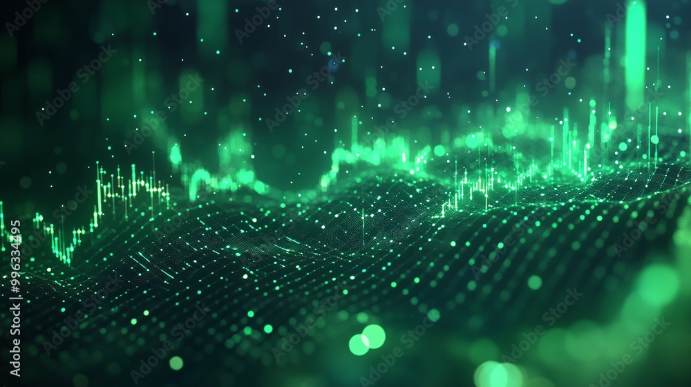 Poster abstract digital data visualization with green waveforms and particles, creating a futuristic look.