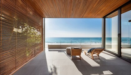 Fototapeta premium Balcony room with sea and beach view from the window. Modern interior with wooden slat wall panels and concrete tiles. Terrace mockup with sunlight. empty room with a window
