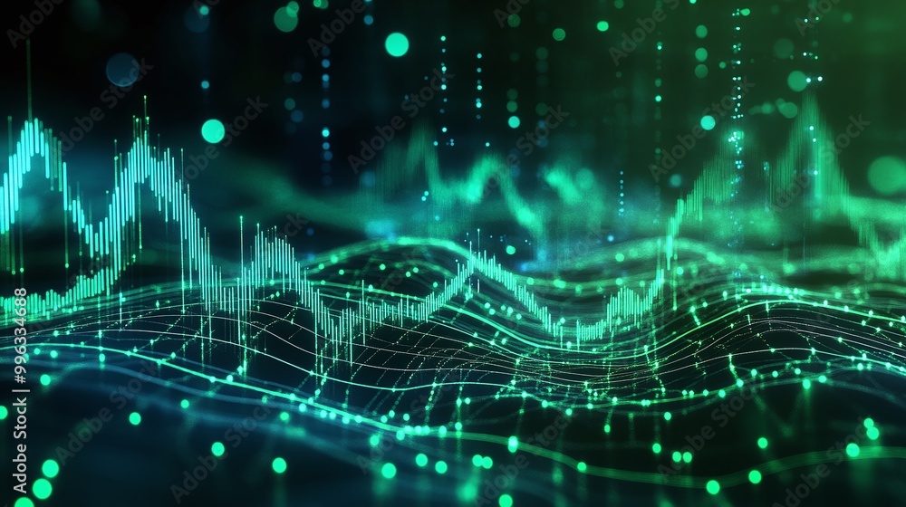 Poster abstract digital data visualization with green waves and glowing particles, representing technology 