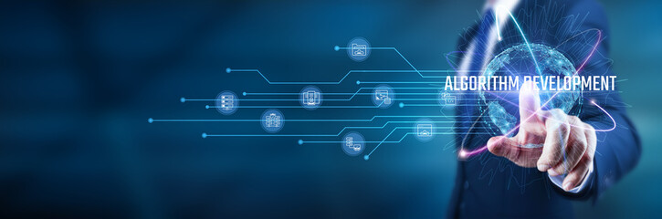 Businessman touches algorithmic structure, data-driven decision-making processes, computational methods, workflow optimization tools, code-based solutions, programming methodologies, and predictive.