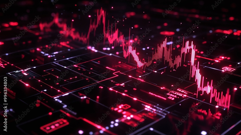 Poster abstract digital data visualization with red and black colors, representing fluctuating statistics a