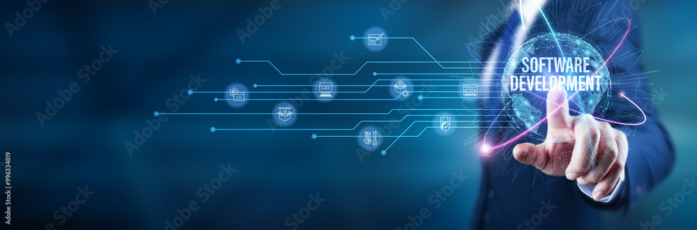 Poster businessman touches software development tools, project management applications, coding platforms, c