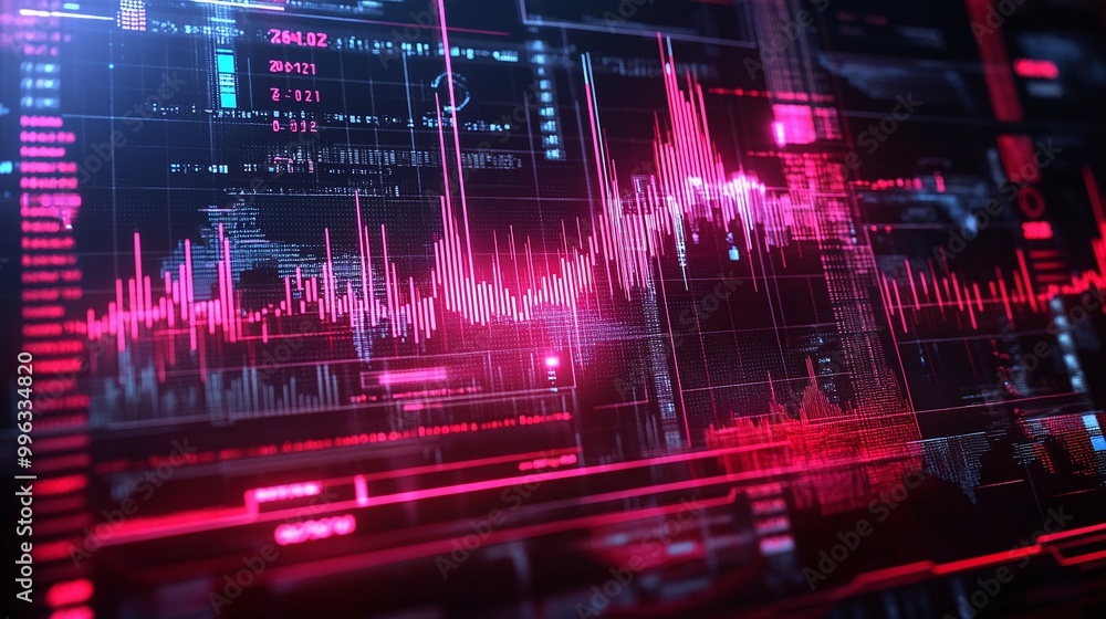 Poster abstract digital data visualization with neon pink and black tones representing data trends and anal