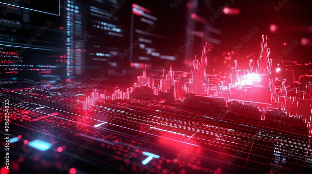 Poster abstract digital data visualization with red and black color scheme, showcasing graphs and charts ag