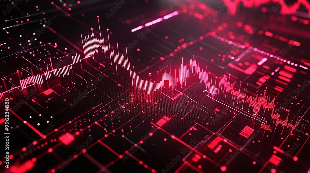 Poster abstract digital data visualization with red and black elements, representing modern technology and 