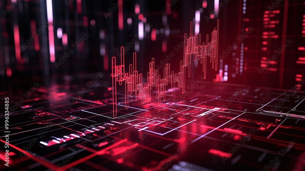 Poster abstract digital data visualization with red and black colors representing stock market trends and d
