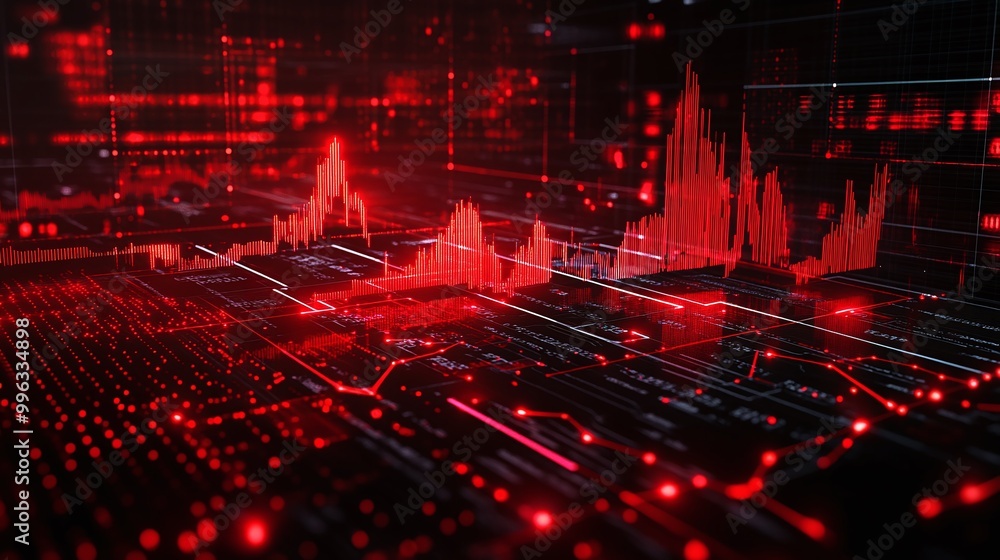 Poster abstract digital data visualization with red and black futuristic design elements.