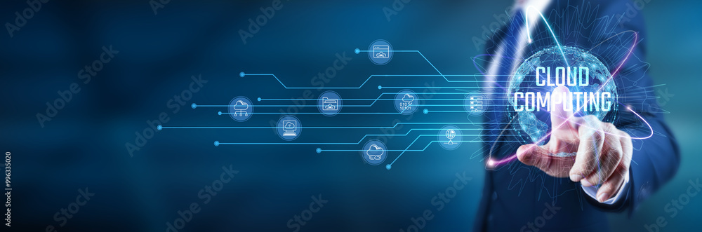Aufkleber cloud computing. businessman touches cloud computing infrastructure, cloud-based services, data stor