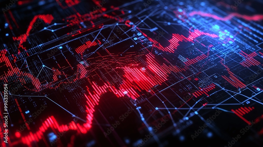 Poster abstract digital data visualization with red and blue lines, representing financial trends and stati