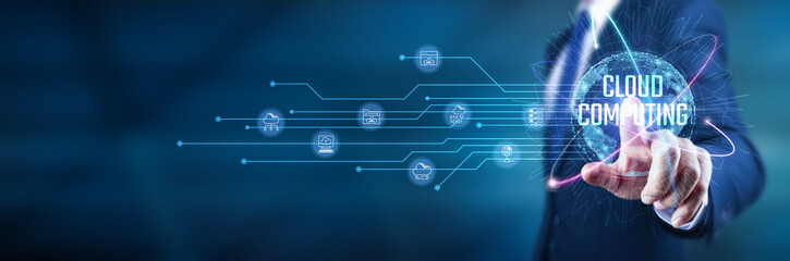 Cloud computing. Businessman touches cloud computing infrastructure, cloud-based services, data storage, cloud computing integration, remote access, scalable cloud solutions.