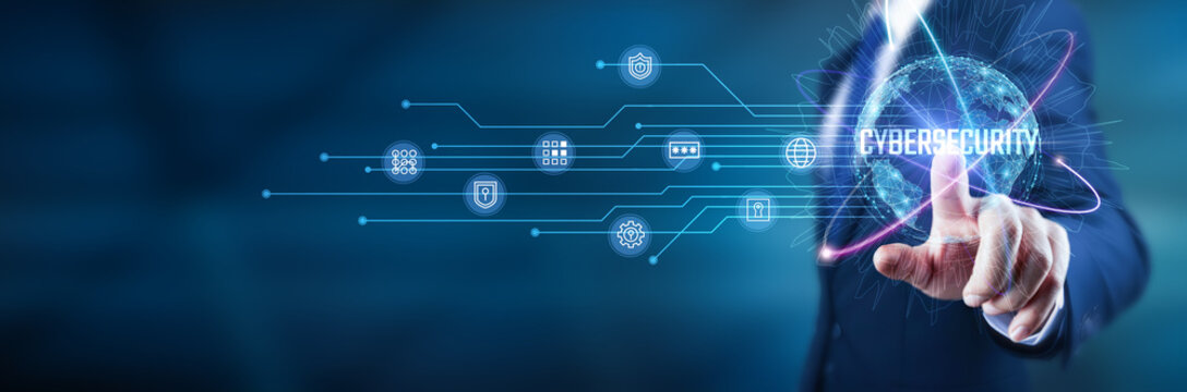 Cybersecurity. Businessman touches cybersecurity protocols, data protection measures, network security systems, cloud security strategies, cyber risk management practices, information security.
