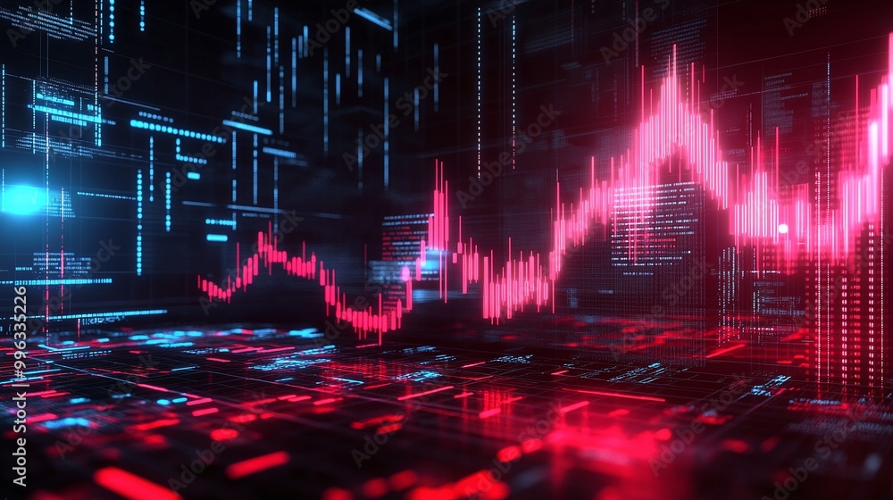 Poster abstract digital data visualization with red and blue graphs illustrating technology trends and anal