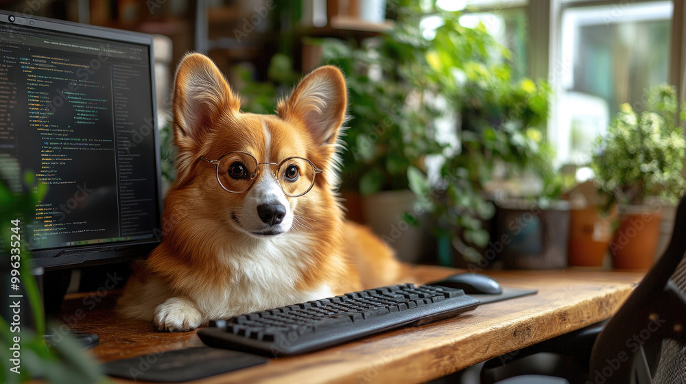 Poster a corgi with glasses relaxes on a wooden desk in a lush workspace, surrounded by greenery and a comp