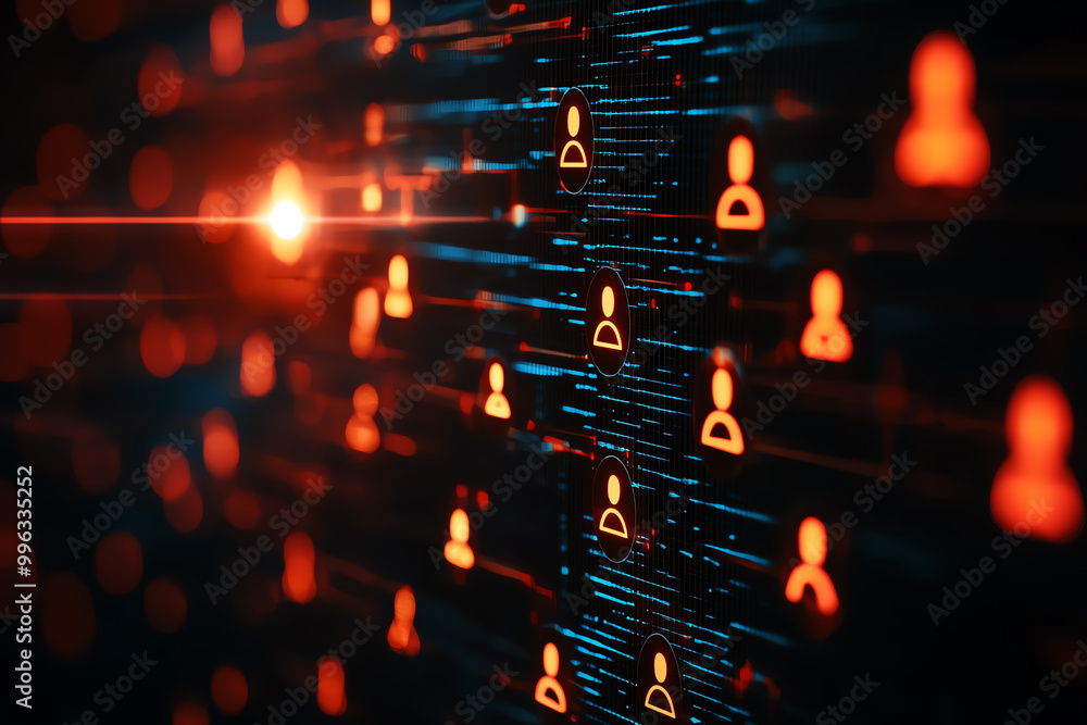 Poster futuristic hr interface managing employee data and performance through it dashboards, information te