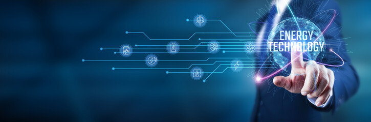 Energy technology. Businessman touch on innovative solutions in energy technology, driving sustainable development, fostering collaboration, and enhancing efficiency in the industry.