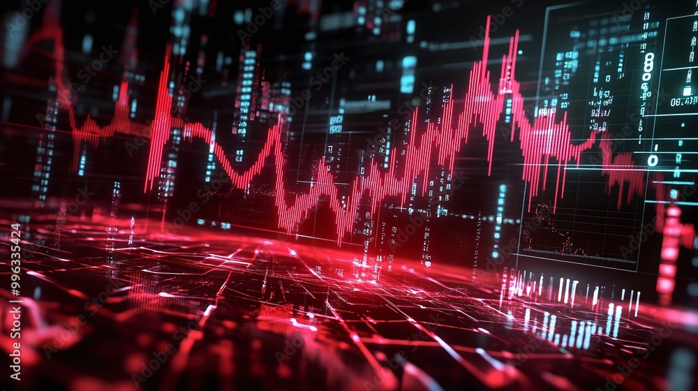 Poster abstract digital data visualization with red glowing graphs and lines on a dark background.