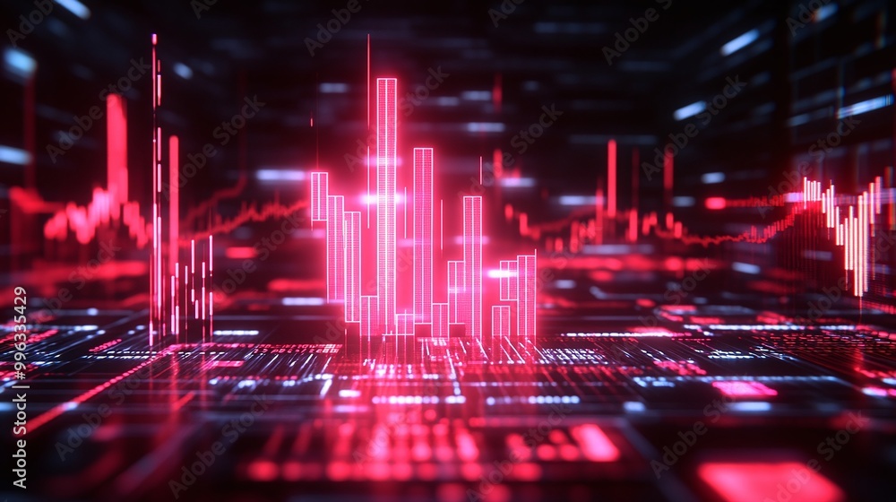 Poster abstract digital data visualization with red glowing bars and lines on black background, representin