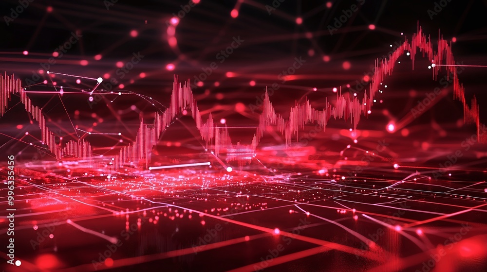Poster abstract digital data visualization with red glowing lines and graphs, representing data analysis an