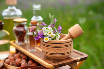 Tincture, wildflowers, hazelnuts mortar and pestle outdoors
