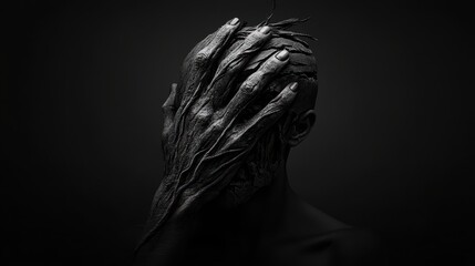 Abstract portrayal of a figure with hands covering the face, dark and surreal tone.