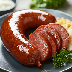 Fototapeta premium A ring of red sausage, cut into pieces, served on a dark plate. Sausage with a bright red color of meat with a distinct texture.