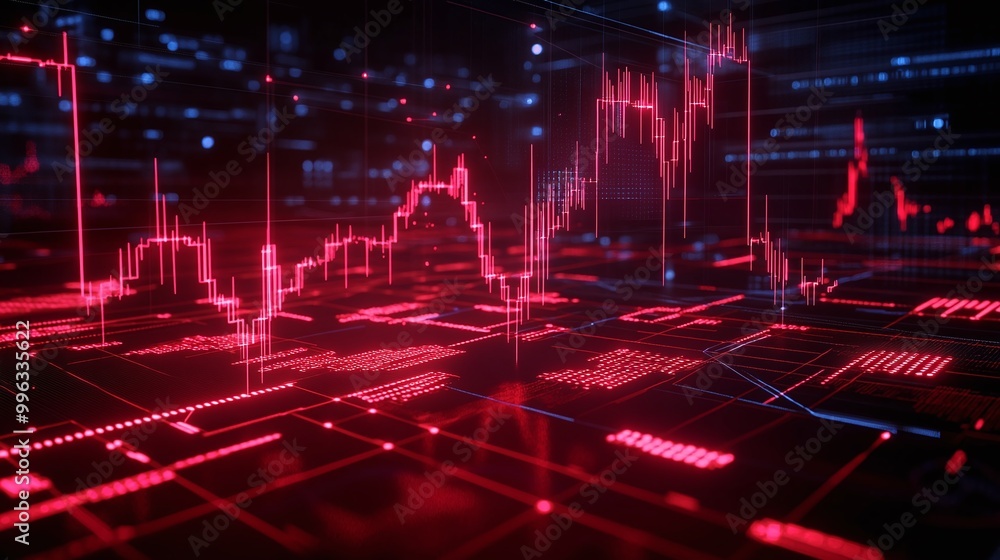 Poster abstract digital data visualization with red graph metrics on a dark background.