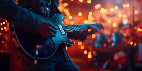 Obraz premium Musician preparing for performance, softly blurred venue backdrop, warm inviting lighting, cozy backstage atmosphere