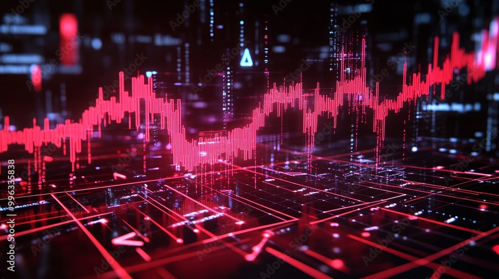 Poster abstract digital data visualization with red graphs on a dark background, representing financial or 